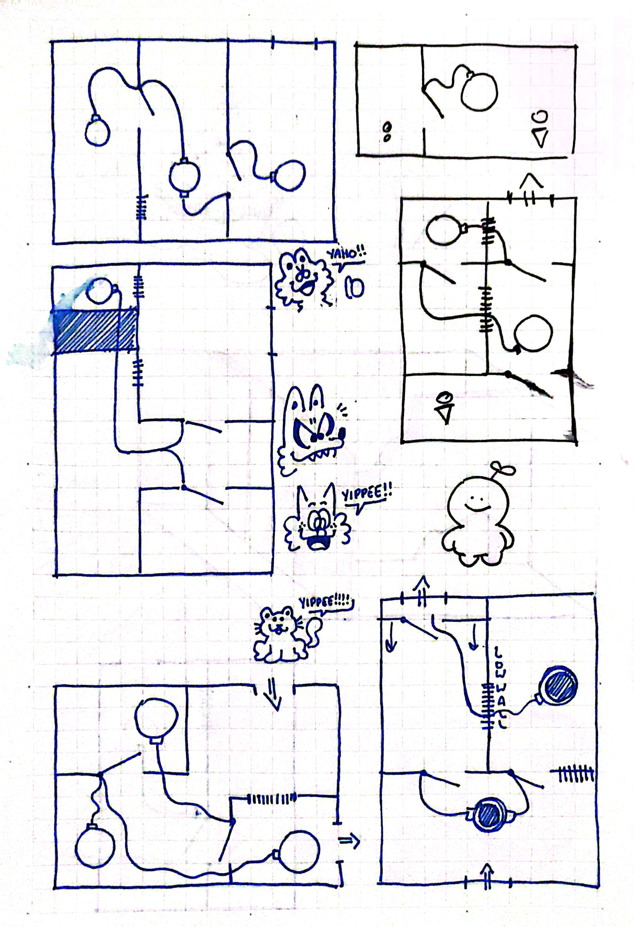 A scan of my sketchbook, showing multiple top-down level sketches